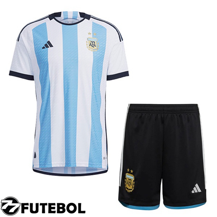 Camisas Futebol Argentina Infantil Home Azul Branco Copa Do Mundo 2022